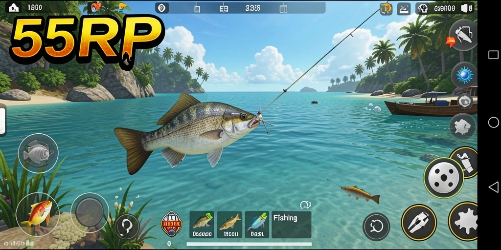 Screenshot gameplay 55RP yang menunjukkan aksi memancing yang seru.