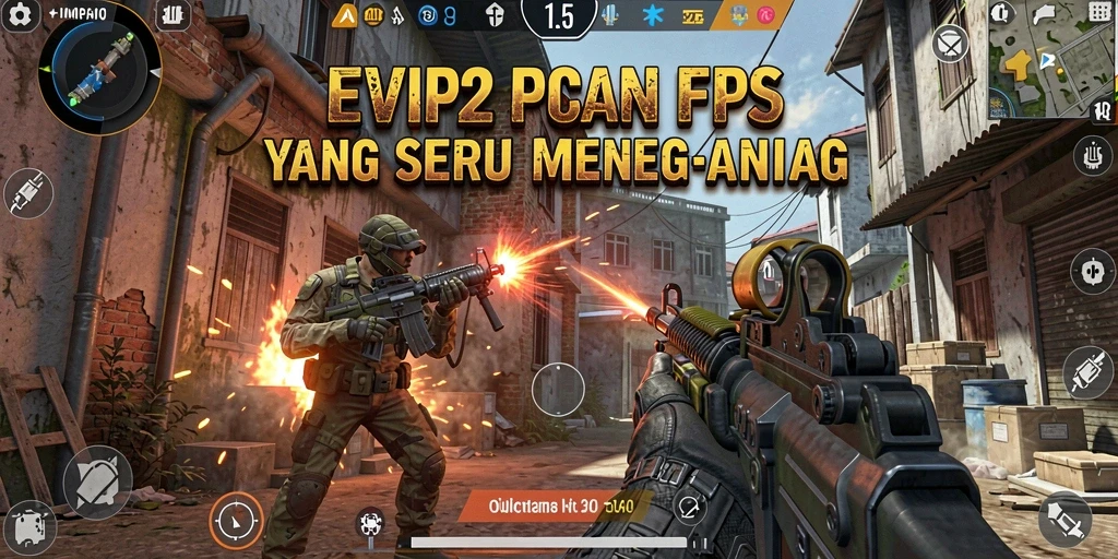 Screenshot utama EVIP2 menampilkan aksi tembak-menembak yang intens.