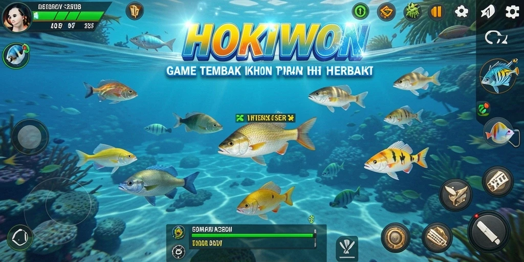 Screenshot gameplay HOKIWON menampilkan serunya berburu ikan.