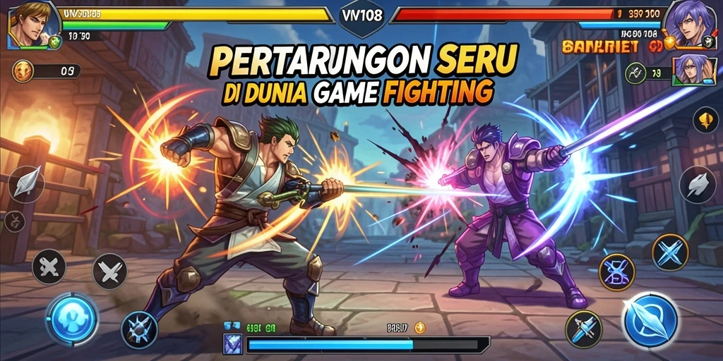 Screenshot utama VW108 menampilkan karakter bertarung dalam arena yang dinamis.
