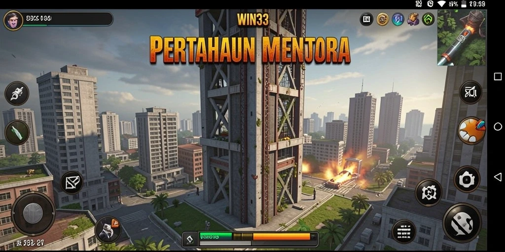 Tangkapan layar utama WIN33 menunjukkan pertempuran menara yang seru dan dinamis.